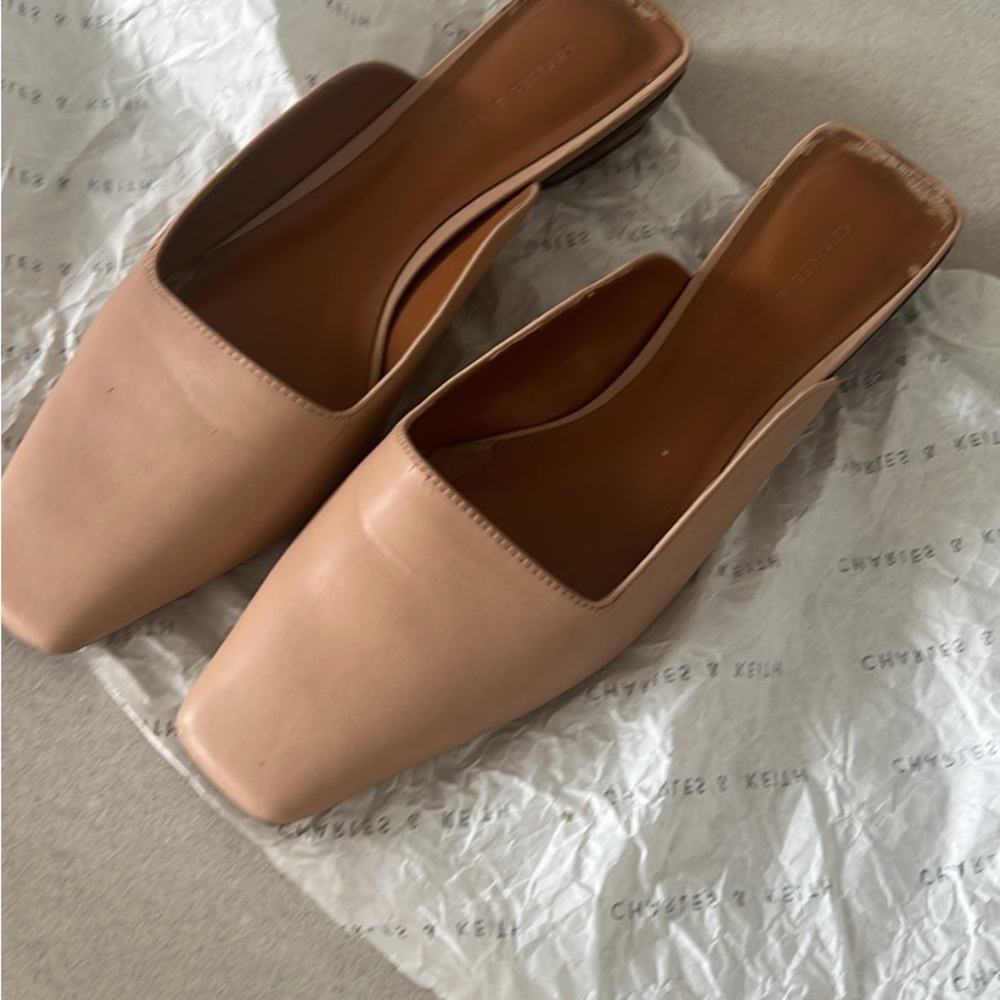 Charles & Keith Tan Mules Square Toe Slip-On